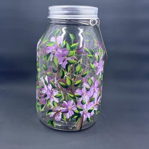 Purple Floral Large 32oz Glass Fairy jar lantern solar lights w/handle, Purple blooms painted all around