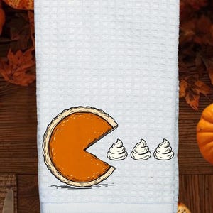 Funny Pumpkin Pie Chasing Kitchen Towel | Funny Thanksgiving Towel |  Fall Kitchen Décor | Holiday Housewarming Gift