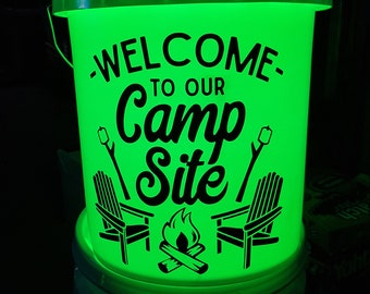 Welcome to Our Campsite Vinyl Decal - Camping Light Bucket Decal - RV Decal, Camping Decor, Light Bucket Decal