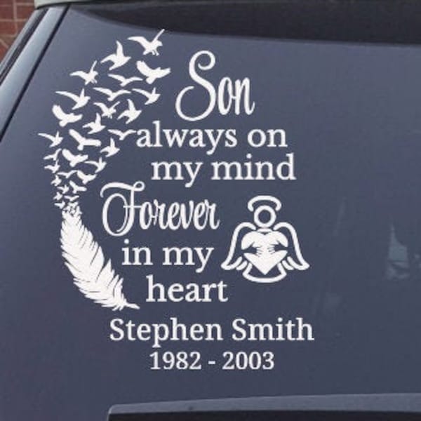 Son Forever in My Heart Memorial Decal Personalized | Son Always on My Mind Memorial Decal for car | Son Memory Sticker - in memory of son