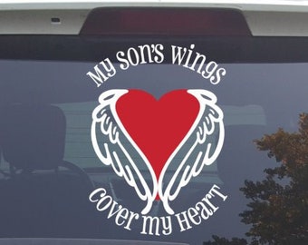 My Son's Wings Cover My Heart car decal | In Loving Memory of Son Decal | Remembrance Decal | Son Memorial Decal | Angel Wings Heart Decal