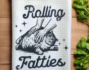 Funny Retro Fat Chonky Cat Rolling Fatties Kitchen Towel | Vintage Cat Gift For Mom Dish Towels | Fat Cat Lover Decor | Housewarming Shower