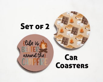 Neoprene Camping Coasters for Car, Truck, RV Trailer - Set of 2 - Smores Car Coasters - Camping Gifts