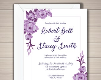 Wedding Invitation - Purple Flowers - Simple - Customizable - PDF