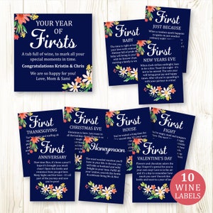 Year of Firsts Wine Labels Bridal Shower Wedding Printable Green Flowers