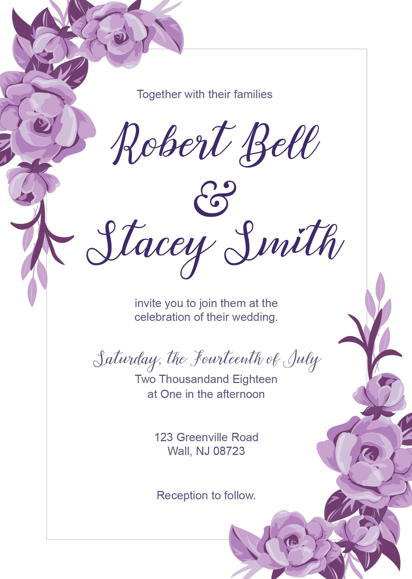 Wedding Invitation Purple Flowers Simple Customizable PDF - Etsy