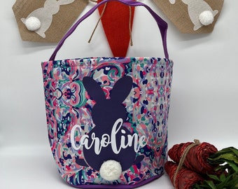 Personalized Easter Basket, Lilly P Inspired Easter Kids Egg Hunt Bag, Personalized Bunny Basket, Bunny with Tail, Monogram Easter Basket