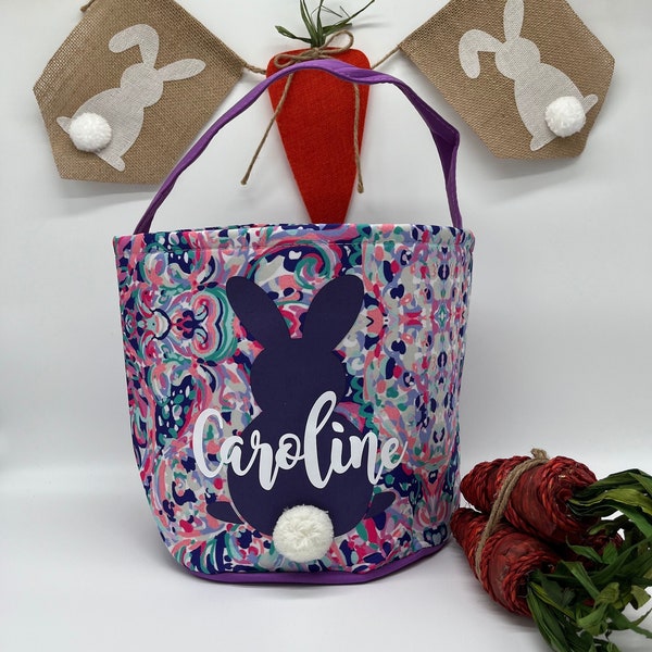 Personalized Easter Basket, Lilly P Inspired Easter Kids Egg Hunt Bag, Personalized Bunny Basket, Bunny with Tail, Monogram Easter Basket
