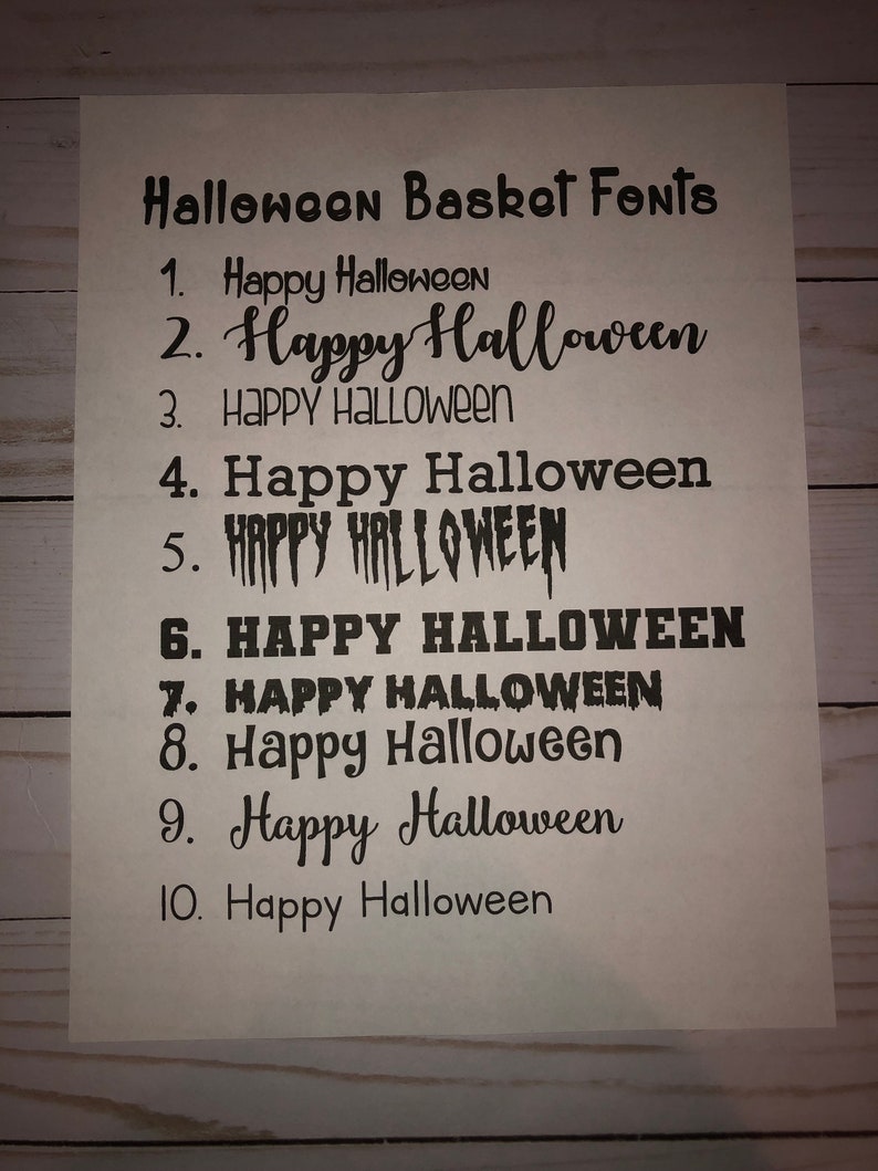 May include: A list of ten different font styles for the phrase "Happy Halloween". The fonts range from simple and elegant to bold and playful.