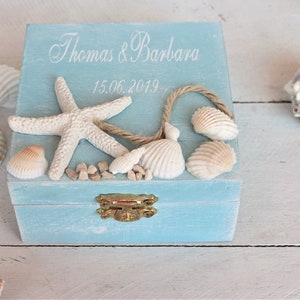 Caja para anillos con temática de boda playera, caja para anillos personalizada con nombres, caja de madera para anillos con temática playera, caja doble para anillos de novios,