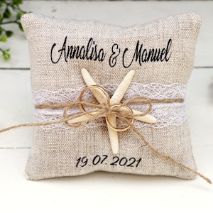 Cuscino portafedi con stella marina, cuscinetto portafedi con nome e data, portafedi in lino per matrimonio al mare, regalo per gli sposi,
