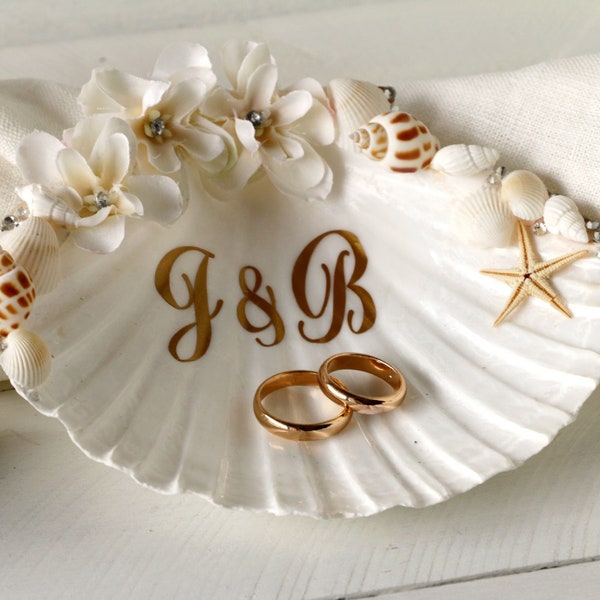 Personalisiertes Muschel Ringkissen, Ring Halter Strand Hochzeit, Muschel Ringschale, maritime Hochzeit, Hochzeit am Meer