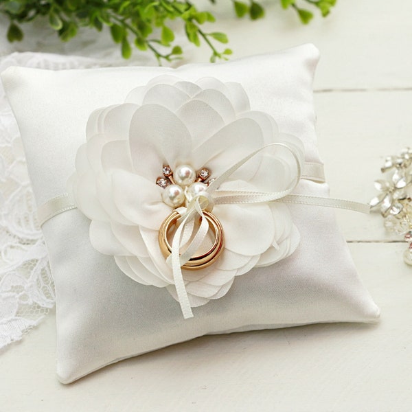 Milky white satin flower ring bearer pillow , glam ring pillow, bridal accessory, ring holder with flower, stylish ring pillow