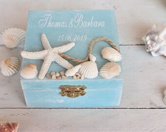 Beach wedding theme Ring bearer box,ring box personalized with names, beach theme wood ring box,  bride and groom double ring box,