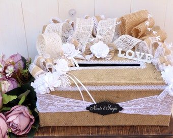 Caja de tarjetas de boda en arpillera, caja de tarjetas de boda rústica, correo de boda personalizado, caja de decoración de bodas