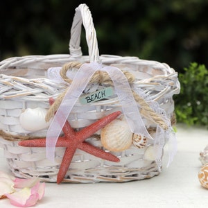 Cestino porta petali per Damigella, Matrimonio al mare, cestino bianco in vimini,