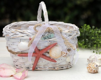 Panier de fleur de mariage de plage, décor de coquillages, panier pour pétales, proposition de fille de fleur, panier de fille de fleur de coquillage, décor de mariage d’étoile de mer