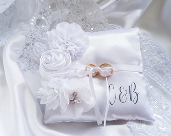 Monogrammed Wedding ring bearer pillow, white satin ring pillow, Initial name ring bearer pillow, elegant ring pillow,