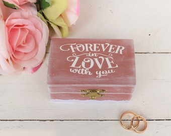 caja de anillo de madera, siempre enamorado de su caja portadora de anillos, almohada romántica de doble anillo shabby chic, regalo de boda de novia y novio, caja de recuerdos