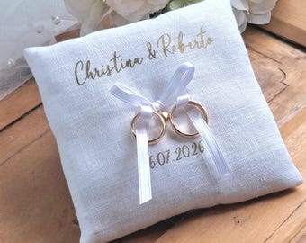 Personalized  Ring Pillow in pure Linen, Custom Gold Script ring cushion, Elegant Minimalist Wedding Decor