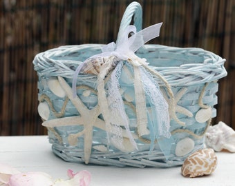 Panier de fille de fleur de mariage de plage, décor de coquillage, panier pour des pétales, proposition de fille de fleur, panier de fille de fleur de coquillage, décor de mariage d'étoile de mer