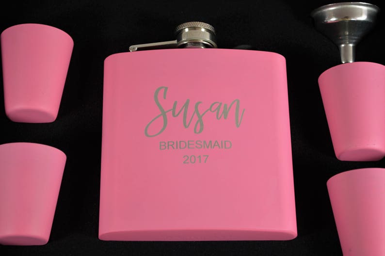 Custom Matte Pink Flask Set Gift For Bridesmaid Engraved Flask Bridesmaid Gift Wedding Party Gift Personalized Pink Flask Set