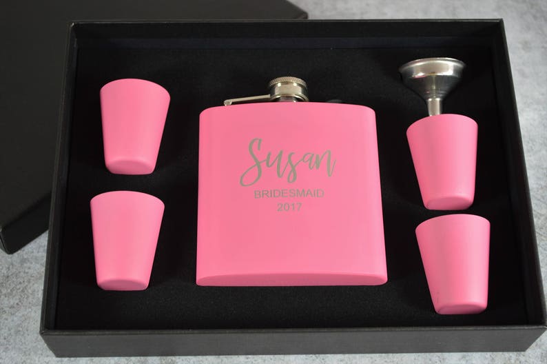 Custom Matte Pink Flask Set Gift For Bridesmaid Engraved Flask Bridesmaid Gift Wedding Party Gift Personalized Pink Flask Set