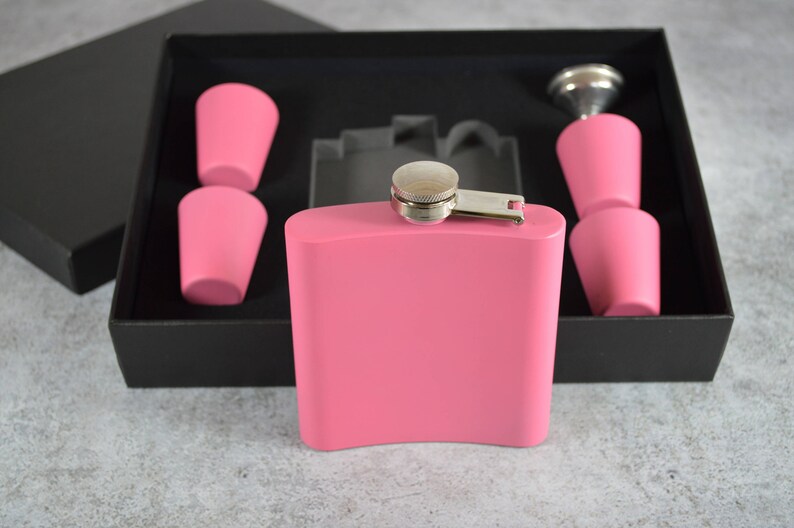 Custom Matte Pink Flask Set Gift For Bridesmaid Engraved Flask Bridesmaid Gift Wedding Party Gift Personalized Pink Flask Set
