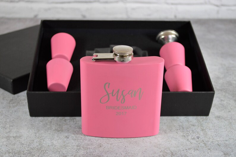 Custom Matte Pink Flask Set Gift For Bridesmaid Engraved Flask Bridesmaid Gift Wedding Party Gift Personalized Pink Flask Set