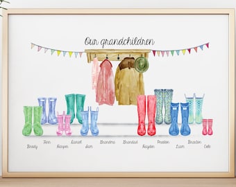 Grandchildren Wellies, Pretty Witty, Family artwork, Wall art, Personal gift - Print