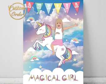 Rainbow Unicorn Girl, Pretty Witty, Children's artwork, Unicorn Portrait, Humorous artwork, Wall art, Personal gift - Print