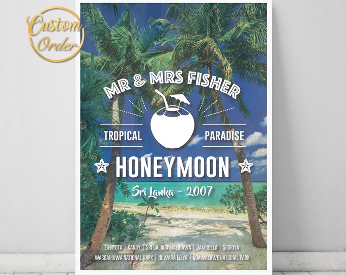 Featured listing image: Personalised Honeymoon poster, Pretty Witty, Honeymoon artwork, Travel wall art, Personal gift - Print