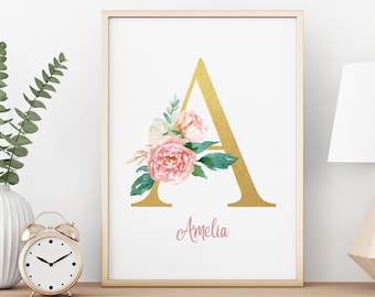 Floral nursery name, Baby girl wall art, Floral initial print, Custom name art, Pretty Witty, Wall art, Personal gift - Print