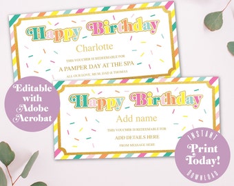 Editable Birthday Voucher, printable gift, instant download - A4 printable image
