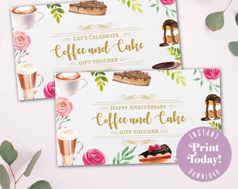 Anniversary Coffee and Cake Voucher, printable gift, instant download - A4 printable image