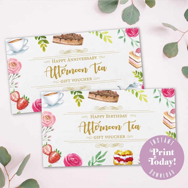 Birthday Afternoon Tea Voucher, printable gift, instant download - A4 printable image