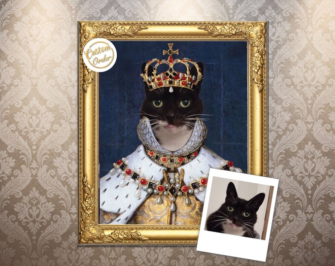 Featured listing image: Queen Pet Portrait, Pretty Witty, Pet artwork, Dog or Cat Portrait, Humorous artwork, Wall art, Personal gift - Print