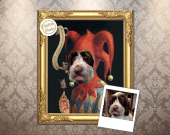 Jester Pet Portrait, Pretty Witty, Pet artwork, Dog or Cat Portrait, Humorous artwork, Wall art, Personal gift - Print