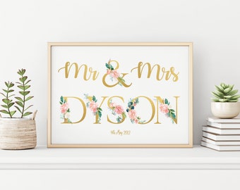 Mr & Mrs print, Newly weds wall art, Floral Mr and Mrs print - Custom name Wedding art, Pretty Witty, Wall art, Personal gift - Print