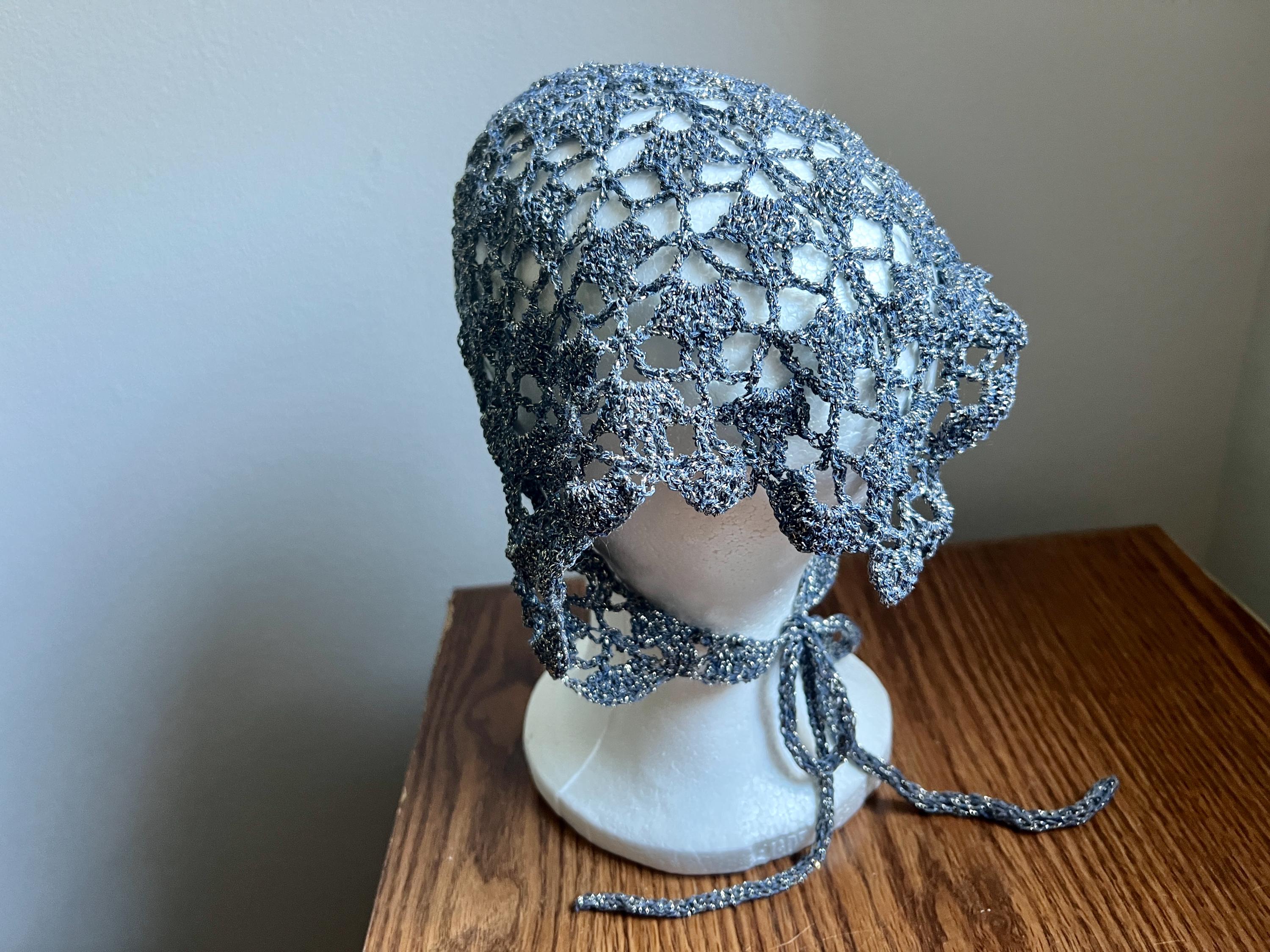Hand Made Crochet Blue-Gray Silver Lurex Bandana/Neck Scarf/Rustic Boho Style Cotton Hand Made Crochet Blue-gray Silver Lurex Bandana/neck  main image 3