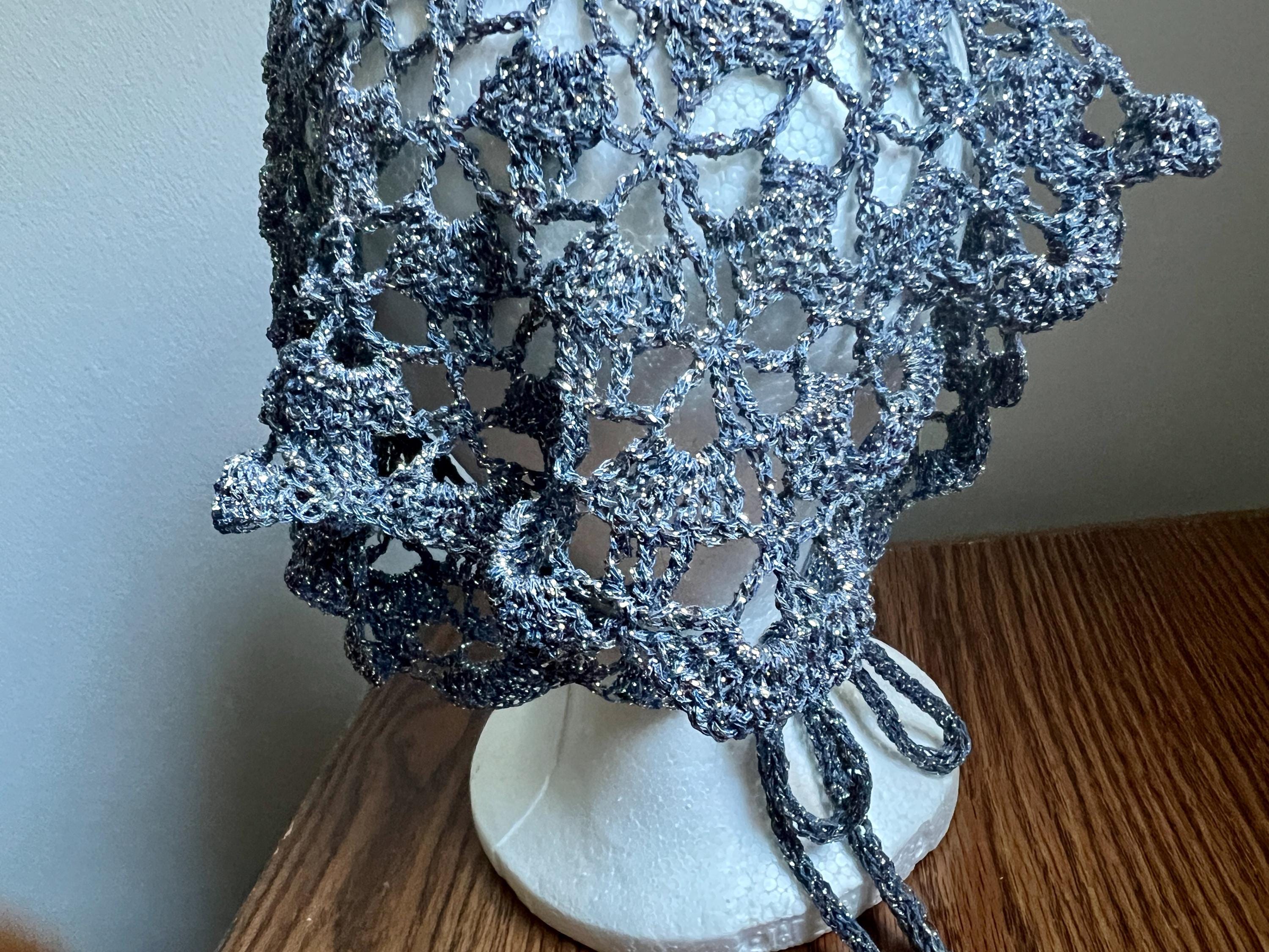 Hand Made Crochet Blue-Gray Silver Lurex Bandana/Neck Scarf/Rustic Boho Style Cotton Hand Made Crochet Blue-gray Silver Lurex Bandana/neck  main image 2