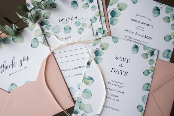 Eucalyptus Wreath Simple Wedding Bundle Watercolor Leaves Full Wedding Suite Save the Date Thank You Editable PDF Downloadable Templates