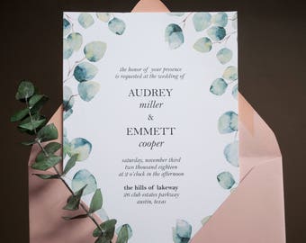 Eucalyptus Wreath Wedding Invitation Editable PDF Instant Download Template Watercolor Leaves Simple Contemporary Style Invite DIY Bride