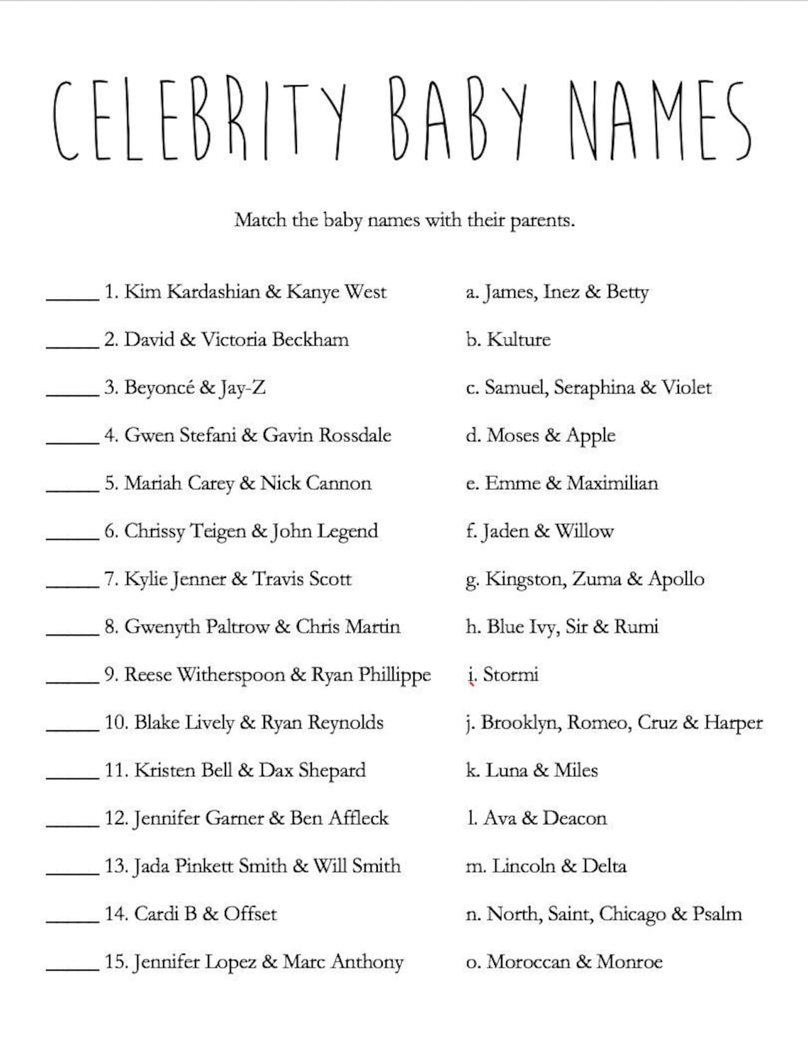 Celebrity Baby Names Baby Shower Printable Page With Answer Key Etsy