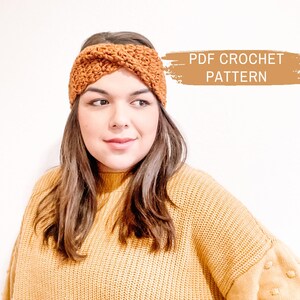 May include: A crocheted headband in a warm brown color. The headband is twisted and has a simple, elegant design. PDF CROCHET PATTERN text is visible in the image.