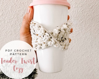 crochet coffee cozy pattern, tender twist cozy, pdf crochet cozy