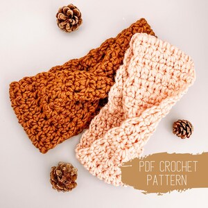 May include: Two crocheted headbands, one in a light peach color and the other in a brown color. The headbands are twisted and knotted. The text "PDF CROCHET PATTERN" is visible in the image.