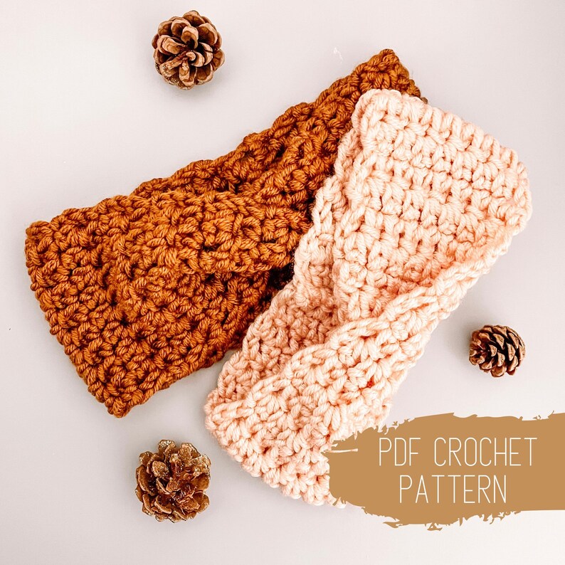 May include: Two crocheted headbands, one in a light peach color and the other in a brown color. The headbands are twisted and knotted. The text "PDF CROCHET PATTERN" is visible in the image.