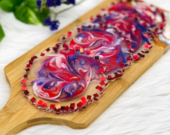 Resin Geode Coaster set Crystal Geode Resin Coasters Red glitter purple Agate Coaster Epoxy Resin coffee table decor USA 4th July