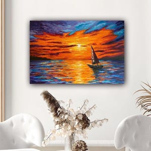 Impasto Sailboat Painting Ocean Sunset Seascape Original Oil Painting on Canvas Ocean Sunset pallet knife on canvas Seascape Painting